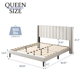 Gruwans Queen Size Bed Frame with Upholstered Wingback Headboard, Easy Assemnly Platform Bed, Wooden Slat Support No Box Spring Needed, Light Gray
