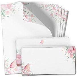 Set of 10 Writing Paper with Envelopes, Pink Flowers Sparrow, Paper and Envelope with Printed Design Motif, 90 g/m²