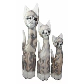 Ebros Gift Balinese Wood Handicraft Striped Ears Feline Cat Family Set of 3 Figurines 20"H