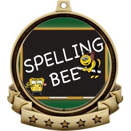 Spelling Bee Medals - 2.5" Gold Spelling Medal Award Includes Red White and Blue Neck Ribbon, Great Kids Spelling Awards 1 Pack Prime