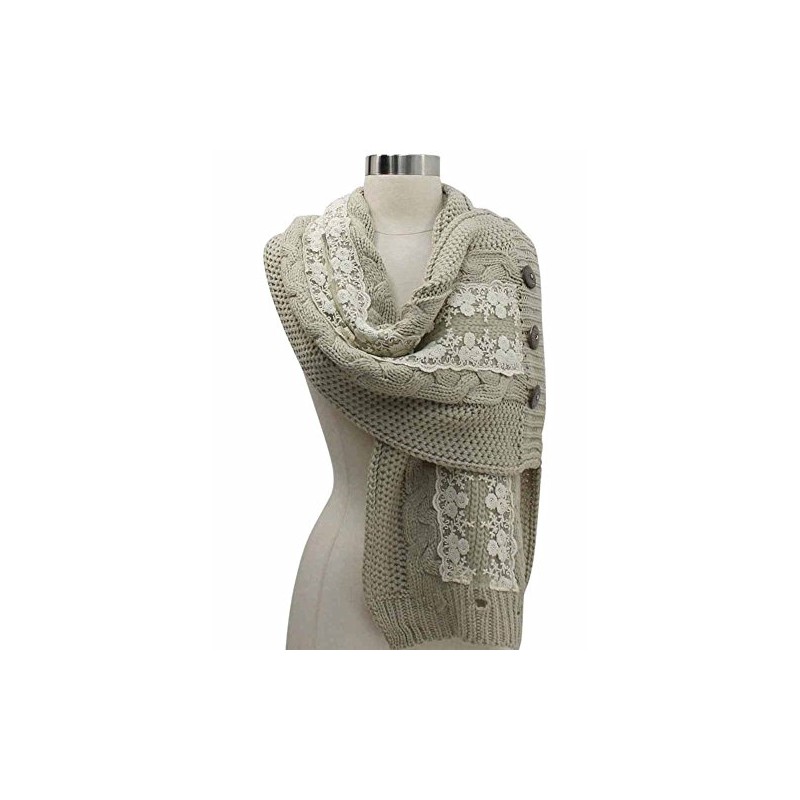 Beige Cable Knit Scarf Neck Wrap With Lace & Button