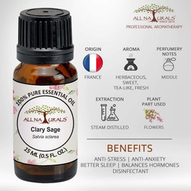 All Naturals Clary Sage Essential Oil (France) 100% Pure Undiluted Therapeutic Grade For Skin, Hair, Dandruff & Aromatherapy - 15 Ml