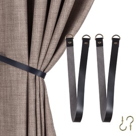 Home Queen Black Leather Curtain Tie Backs, Outdoor Drapery Holder Holdbacks Tiebacks with Wall Hooks, Set of 2