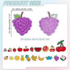 arricraft Pack of 20 Fruit Patches for Iron, 20 Styles, Cherry, Lemon, Pineapple, Watermelon, Banana, Strawberry, Embroidered Appliques for Clothing, DIY Accessories, Clothing Decoration Patches