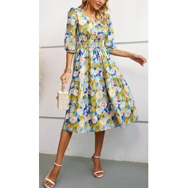 Kormei Women Summer Casual Boho Floral Round Neck 3/4 Sleeve Smocked Waist Tiered Flowy Swing Midi Dress S Blue/Yellow