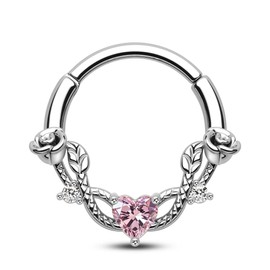 CM Crareesi Mania Rose Septum Ring Hear CZ 10mm Septum Jewelry 16Gauge 316L Stainless Steel Daith Earrings Pink Septum Ring for Women Helix Cartilage Earring Hoop