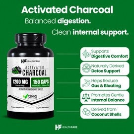 Healthfare Activated Charcoal Pills 1200mg | 150 Vegan Capsules | Organic Coconut-Sourced | Detox & Digestive Balance | Non-GMO, Gluten-Free | Made in USA