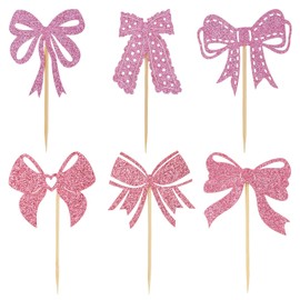 Tinoaly 24pcs Pink Bow Cupcake Toppers, Glitter Paper Bow Cupcake Picks Coquette Bowknot Birthday Decorations for Bridal Shower Bachelorette Party Supplies