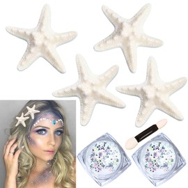 Starfish Hair Clips, Mermaid Hair Accessories and 2 Pcs Face Body Glitter, Mermaid Outfit for Costume Women Girls (White)