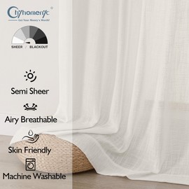 Chyhomenyc Ivory Semi Sheer Curtains 96 Inches Long 2 Panels for Living Room, Light Filtering Faux Linen Slub Textured Burlap Bedroom Curtains, Soft Rod Pocket Window Drapes, Each 50Wx96L