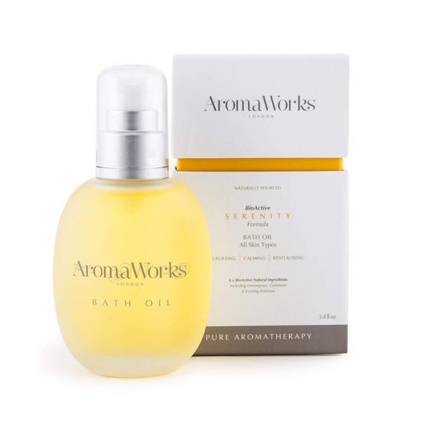 Aromaworks Serenity Bath Oil - 100% Pure Essential Oils - Soothes Away Stress - Uplifts And Energizes Mind - Leaves Skin Nourished - Naturally Scented - Vegan - Suitable For All Skin Types - 3.4 Oz