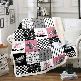 Pink Race Car Throw Blanket Racing Cool Speed Fleece Blanket Extreme Car Sports Fuzzy Blanket Baby Size for Girls Youth, Race Geometry Checkered Patchwork Theme Sherpa Blanket for Bed Couch Sofa