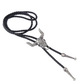 GelConnie Cowboy Skull Bolo Tie American Leather Necktie Rope Braided Necklace Western Jewelry for Men, Women PL0023-silver