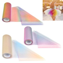 ADERTOS 3 Rolls Tulle Ribbon Rainbow Colours Tulle Rolls with Colour Gradient 15 cm x 9 m Decorative Fabric Tulle Roll Tulle Net Glitter Rainbow Tulle Table Runner Table Runner for Wedding Party
