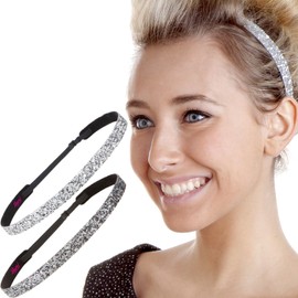 Hipsy Women's Adjustable NON SLIP Skinny Bling Glitter Headband Gunmetal Duo 2pk (Gunmetal & Silver)