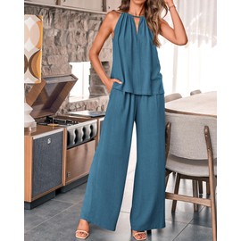 BTFBM Women's Two Piece Outfits Casual Summer Cotton Linen Sets Halter Sleeveless Top Wide Leg Pants Lounge Matching Set(Solid Grey Blue, Large)