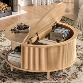 Round Coffee Table, 31.5" Fluted Center Table with Storage, Lift-Top Coffee Table with Adjustable Footpads, Sliding Door, Mid-Century Modern Center Table for Living Room, Small Space (Nature)