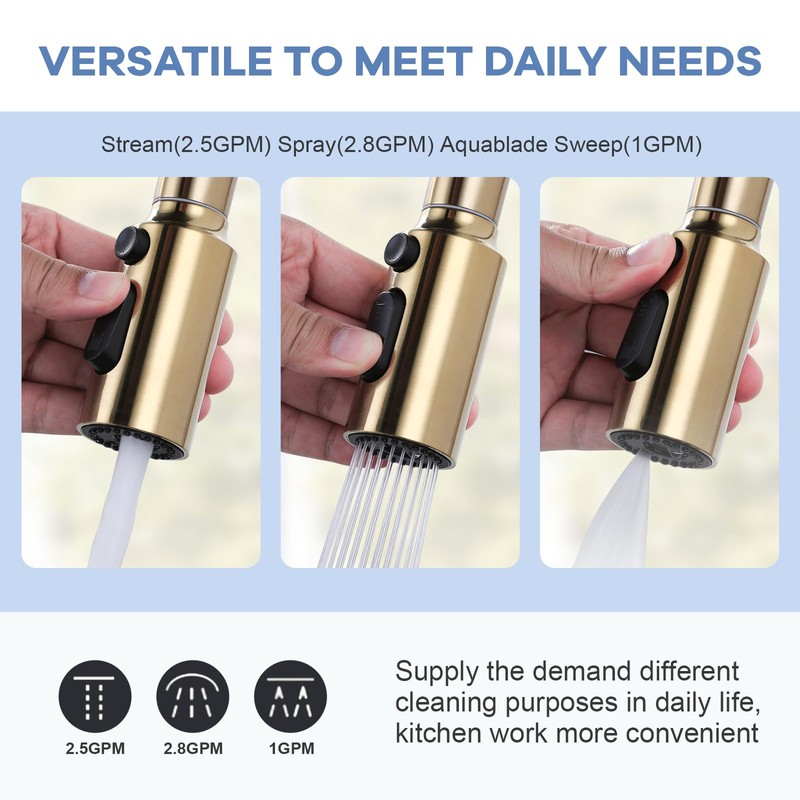 iVIGA Pull Down Faucet Sprayer Head Replacement, Gold 3 Function