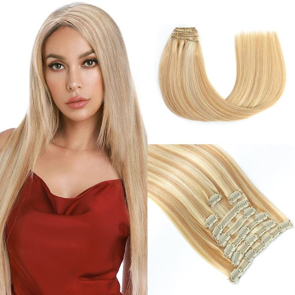 20 Inch 100g Clip in Human Hair Extensions Silky Straight 100% Remy Human Hair Highlighted Color Premium Human Hair 20 Inch 100g #27/61 3