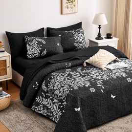 Wake In Cloud - Floral Quilt Set, Botanical Elegant Flower Tree Leaf Modern Pattern Printed, Reversible Lightweight Bedspread Coverlet, 3 Pieces, Black, King Size