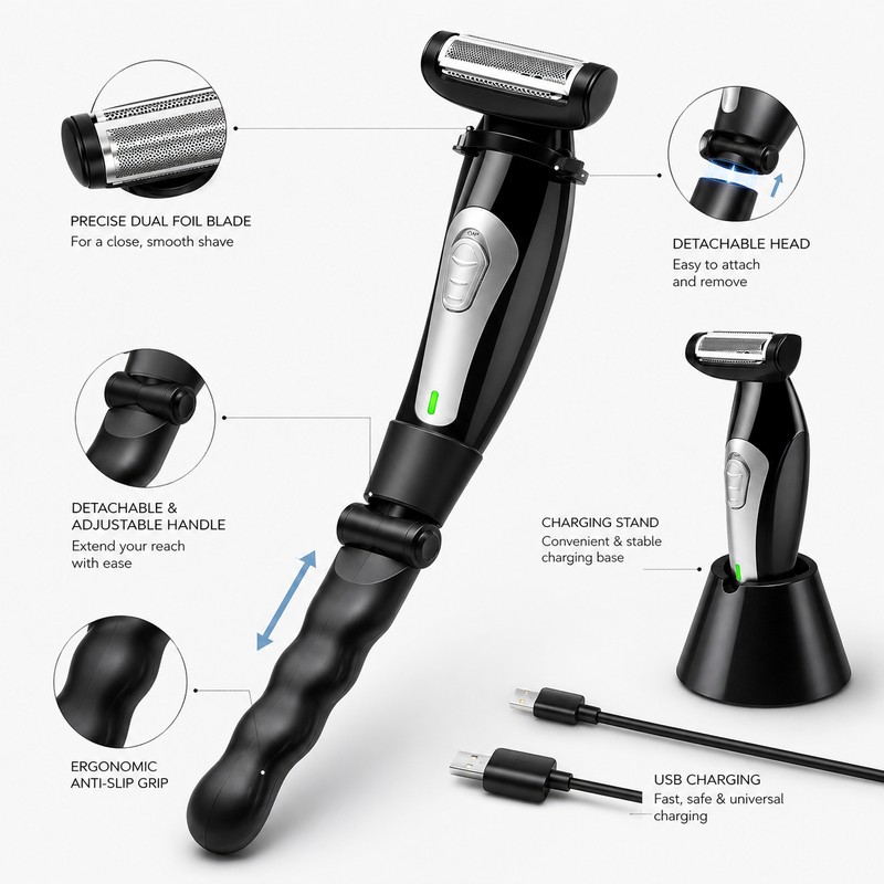 Extendable Back Shaver for Men’s Body Grooming – Detachable Electric