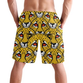 visesunny Cool Cheetah Face Print Men's Swimtrunks Quick Dry Casual Mesh Lining Beach Board Short with Pockets S-XXL