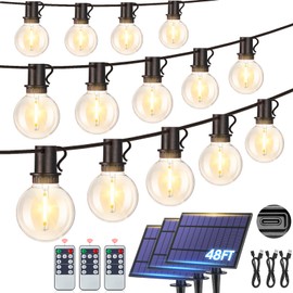 Mlambert 144FT(3x48FT) Solar String Lights with Remote, Outdoor Waterproof Patio Light with 54 LED Shatterproof G40 Bulbs(3 Spare) for Yard-Black Wire