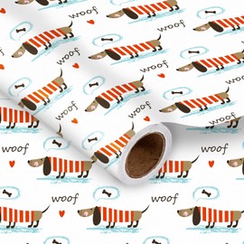 LeZakaa Dog Wrapping Paper Roll, Dachshund in Red Striped Sweaters, Bone&Woof Text Desgin for Dog Lovers, for Puppy Holiday Party, Birthday,Baby Shower,Mini Roll,17 inches x 16.4 Feet(23.2 sq.ft.)