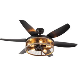 Ohniyou Farmhouse Ceiling Fan with Lights and Remote,52 inch Rustic Ceiling Fan with Caged Light Fixture, Retro Black Outdoor Ceiling Fans for Patio,Living Room,Dining Room,Bedroom