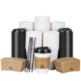 BYSNOW BYSNOW 100 pack 12 oz Disposable Thickened Coffee Cups with Lids, Scald Resistant Hot Cups with Sleeve and Straw, To Go Coffee Cups for Home, Office, Cafes and Party (White 12oz)