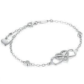 BlingGem Silver Bracelet for Women White Gold-Plated 925 Sterling Silver Cubic Zirconia Infinity Heart Charm Birthday Jewelry Gifts for Women