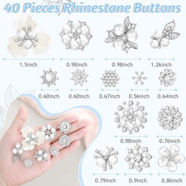 Wavwavw 20 Pcs Rhinestone Buttons Faux Pearl Buttons Flat Back Embellishment Rhinestone Applique Charms for Jewelry Making DIY Craft Wedding Bouquet Hair Clothes Bag Shoe Home Party Decor
