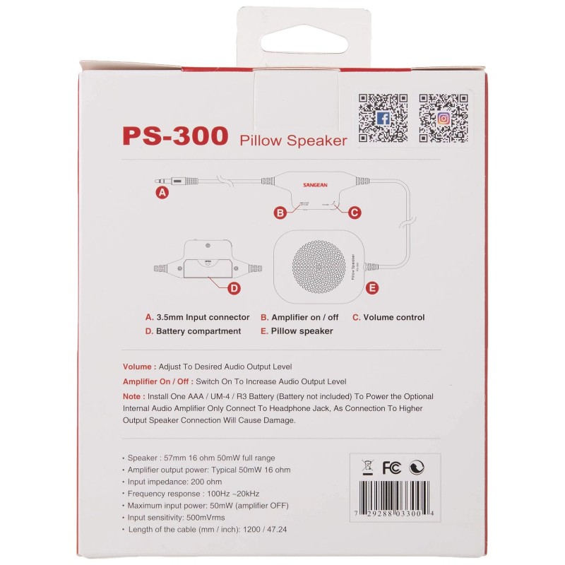Sangean PS 300 Pillow Speaker with Amplifier Adjustable Volume for