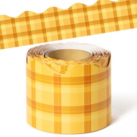 BeYumi Yellow Plaid Border Trim - 65ft Back to School Yellow Scalloped Rolled Border Trim Fall Thanksgiving Plaid Bulletin Board Set Harvest Party Decor Classroom Office Chalkboard Door Decoration