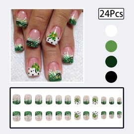 24Pcs Green Glitter Fake Nails St. Patrick Press on Nails Short Square Glue on Nails Green French Tip False Nails with Shamrock Designs Full Cover Acrylic Reusable Stick on Nails for Women