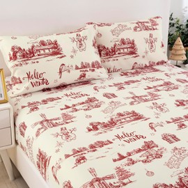 Christmas Fitted Sheet King Christmas Tree Bed Sheet Easy Care and Soft Microfiber Fitted Sheet Extra Deep 35cm with 2 Pillowcases (150x200+35cm, Red)