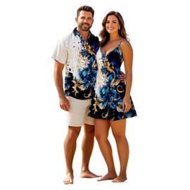 DRESSFO Couple Matching Hawaiian Outfits Abstract Print Sleeveless V Neck Spaghetti Strap Dress or Men's Roll Up Sleeve Shirts Outfit (Women/Deep Blue_1/L)