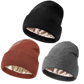 Satin Lined Knit Beanie Hat for Women Men Lightweight Winter Silk Lining Soft Slouchy Warm Cuffed Beanie Hat Anti-Static (Black+Dark Gray+Caramel)