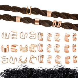 32 Pcs Hair Braids Dreadlock Non-Piercing Ear Clip Beard Beads Cuffs Clip Hair Charms, 50pcs Disposable Rubber Band (Rose Gold)