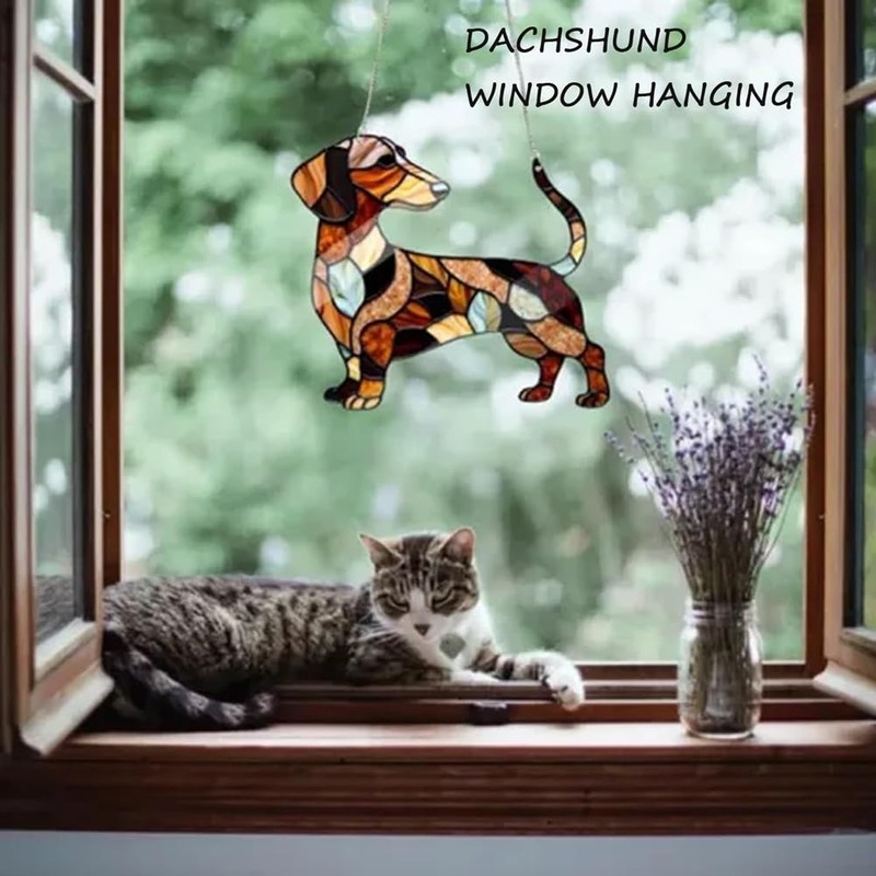 Moqqeu Dachshund Dog Glass Window Hanging Ornament 9CM