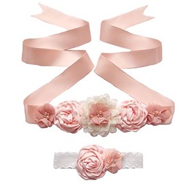 Lauthen.S Maternity Flower Sash Belt Headband Set, Women Girls Wedding Baby Shower Sash, Peach, One Size