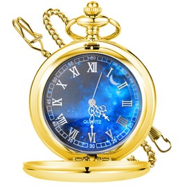 Tiong Pocket Watch Smooth Steel Design Roman Numerals Vintage Quartz Pocket Watches with Chain Father's Day Birthday Christmas Gift, 19-Gold, Classic