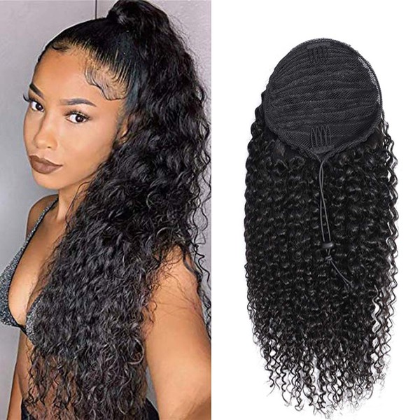 Kbeth Human Hair Ponytail Extensions Yaki Afro Kinky Straight Curly Ponytail Wrap Drawstring Human Hair Natural Black Color Hairpiece with Clip in Binding Pony Tail (14 Inch, Kinky Curly)