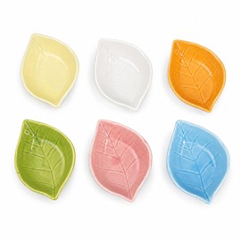 JEORGU 6pcs Ceramic Dipping Bowls, Solid Multicolor Leaf-Shaped Soy Sauce Dish for Sushi, Hot Pot, Mini Condiments, Jam, Snacks, Microwave & Dishwasher Safe