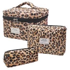 Quilted Makeup Bag, Large Capacity Travel Cosmetic Bag for Women and Girls, Aesthetic Storage for Daily and Travel Use (3pcs-Classicleopard)