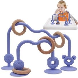 Saugnapf Spielzeug Baby,Purphy Silikon Hochstuhl Spielzeug mit Saugnapf mit Holzring, Baby Spielzeug ab 3 Monate Montessori Spielzeug Motorikspielzeug Baby BPA-Frei Beißspielzeug Baby (Gelb)