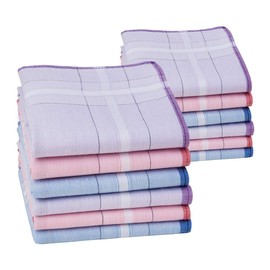 HOULIFE Ladies 100% 60S Combed Cotton Handkerchiefs Womens Soft Stripe Checkered Pattern Coloured Plaid Hankies for Wedding Party 6/12 Pieces 28x28cm Christmas Gifts