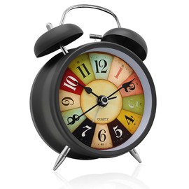 AERYS Retro Twin Bell Alarm Clock, Metal Frame, Night Backlight, Silent Movement, Luminous Table Clock for Students, Bedroom, Office, Bedside Use (Black Vintage)