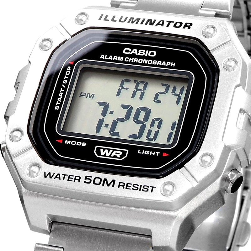 Casio W-218HD-1AV Standard Digital Watch, Men's Chippukashi, Metal Band, Silver,