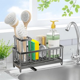 Kailecc Stainless Steel Kitchen Sink Organizer, Sink Caddy with Auto Draining Tray, Dish Soap Holder, Sponge Holder, Bathroom Accessories (Grey)